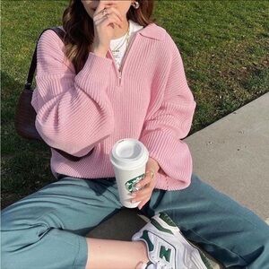 Korean Pink Ribbed Women's Sweater